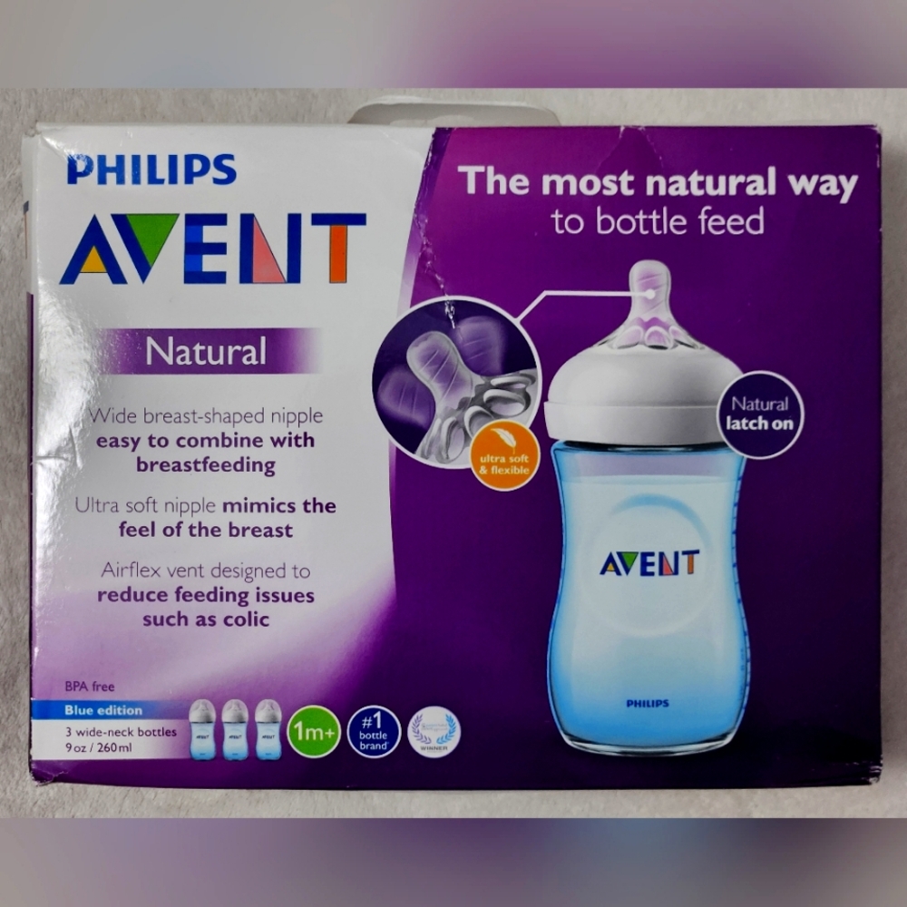 NIB Philips Avent Natural Bottles, Blue edition, 9oz, 1m+